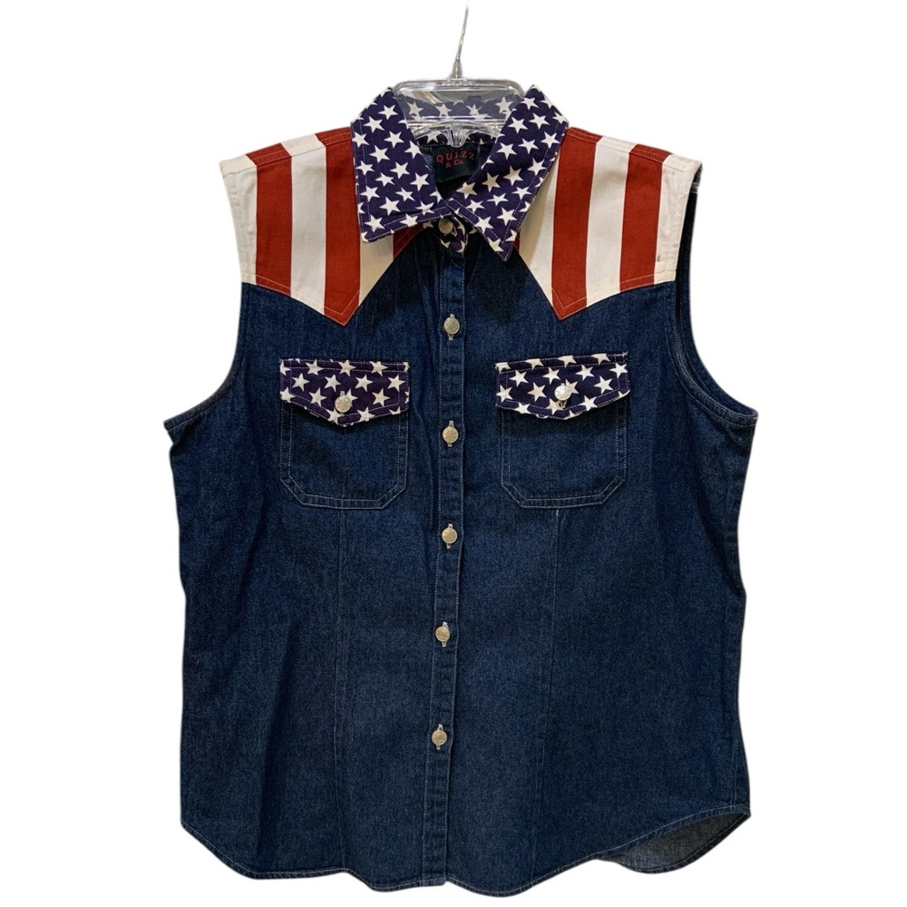 Vintage Denim Women’s American Flag Vest Sleeveless Top Quizz & Co Size L Button